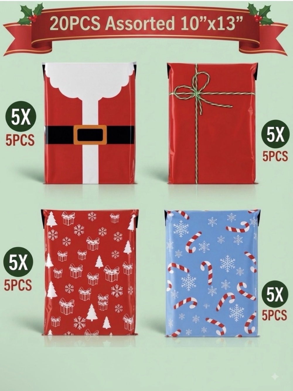 20PC 10”x13” Poly Mailers - Christmas Assorted